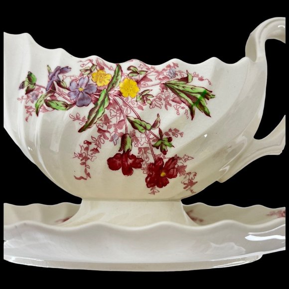 Copeland Spode Fairy Dell Gravy Boat Attached Underplate Made England Pink - Picture 2 of 12